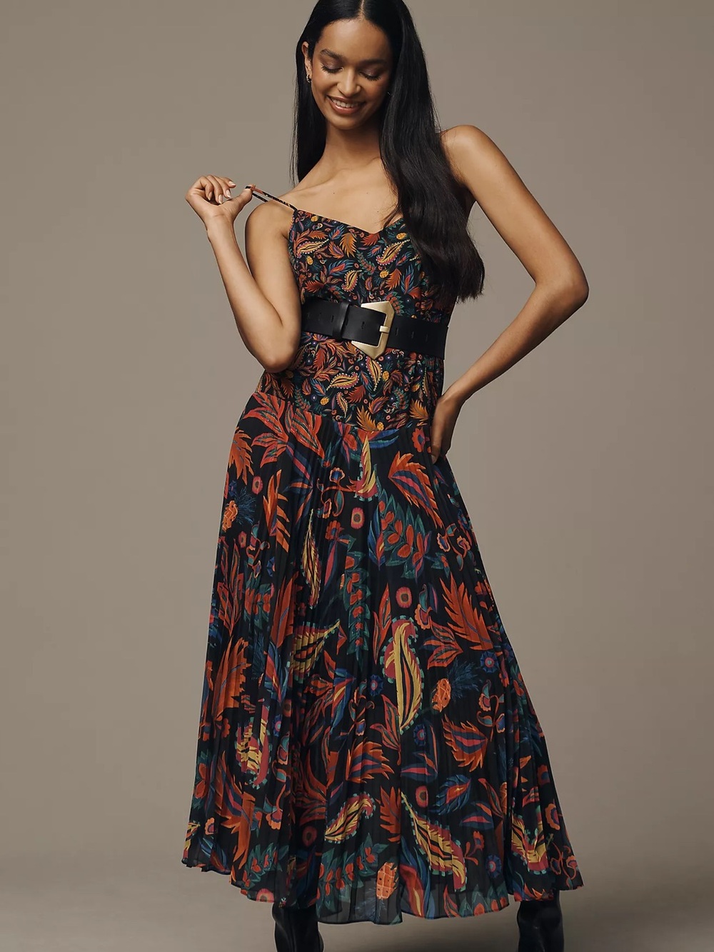 Farm Rio Maxi Dress Anthropologie Pleated Botanical Fall Holiday Black Size Xs